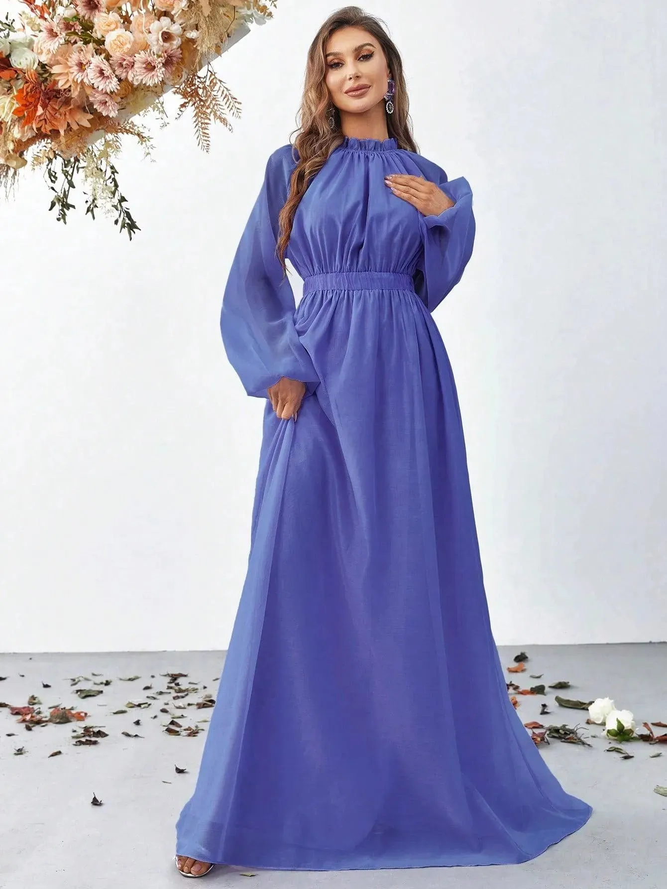 Elegant Mock Neck Long Sleeve Maxi A line Dresses