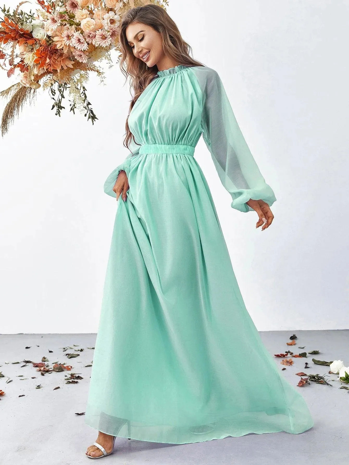 Elegant Mock Neck Long Sleeve Maxi A line Dresses