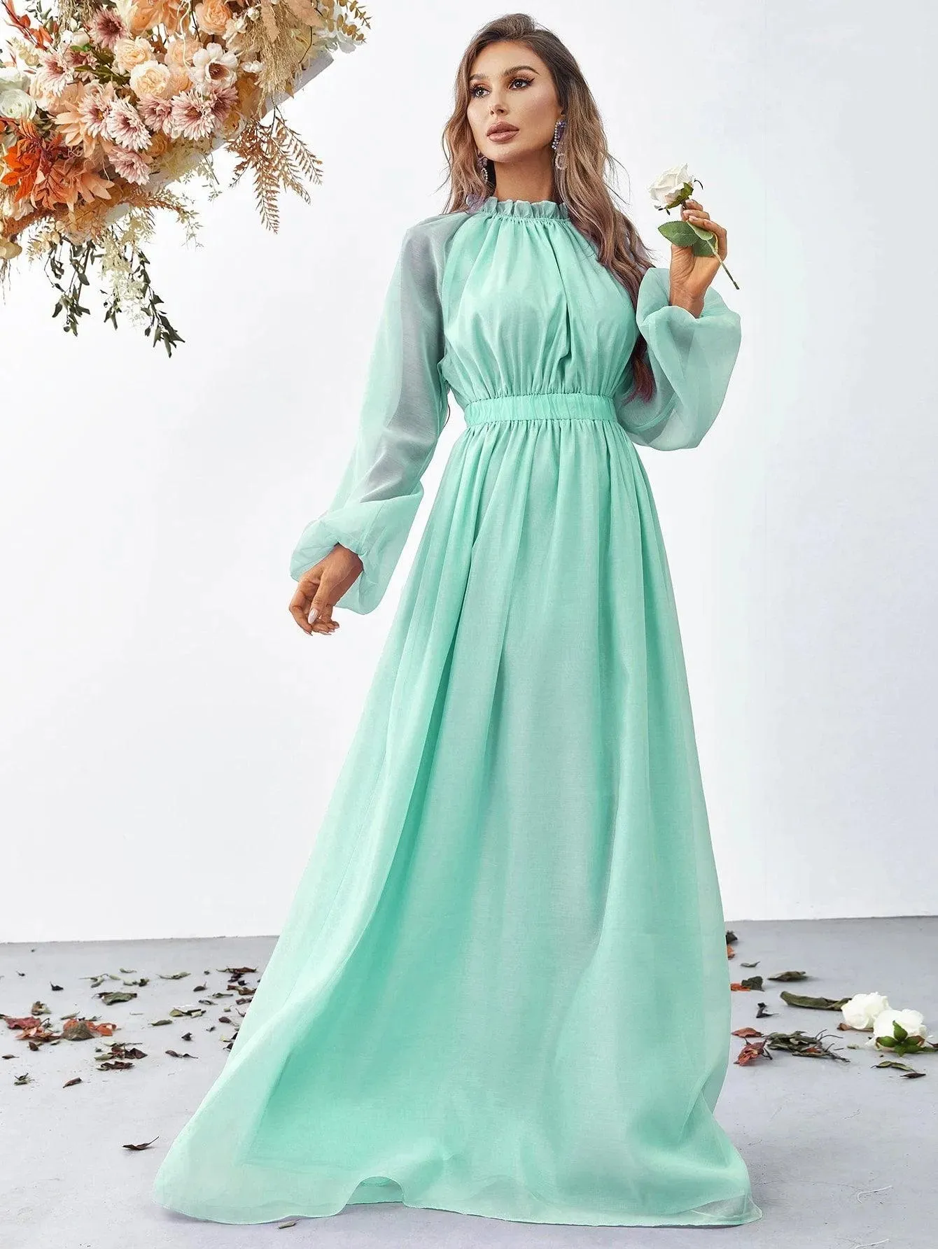 Elegant Mock Neck Long Sleeve Maxi A line Dresses