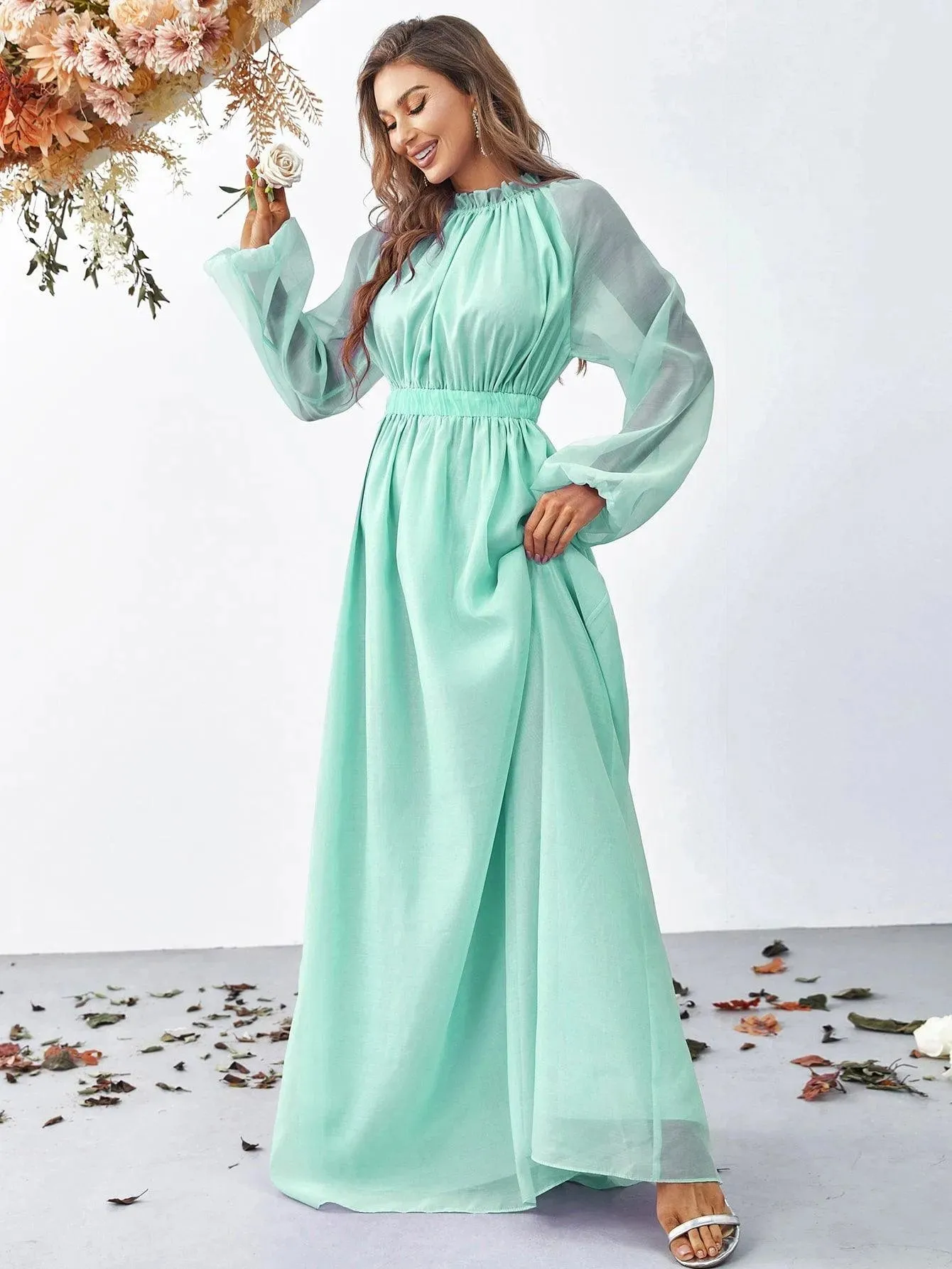 Elegant Mock Neck Long Sleeve Maxi A line Dresses