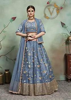 Embroidered Net Lehenga in Light Blue