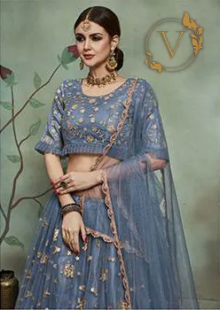 Embroidered Net Lehenga in Light Blue