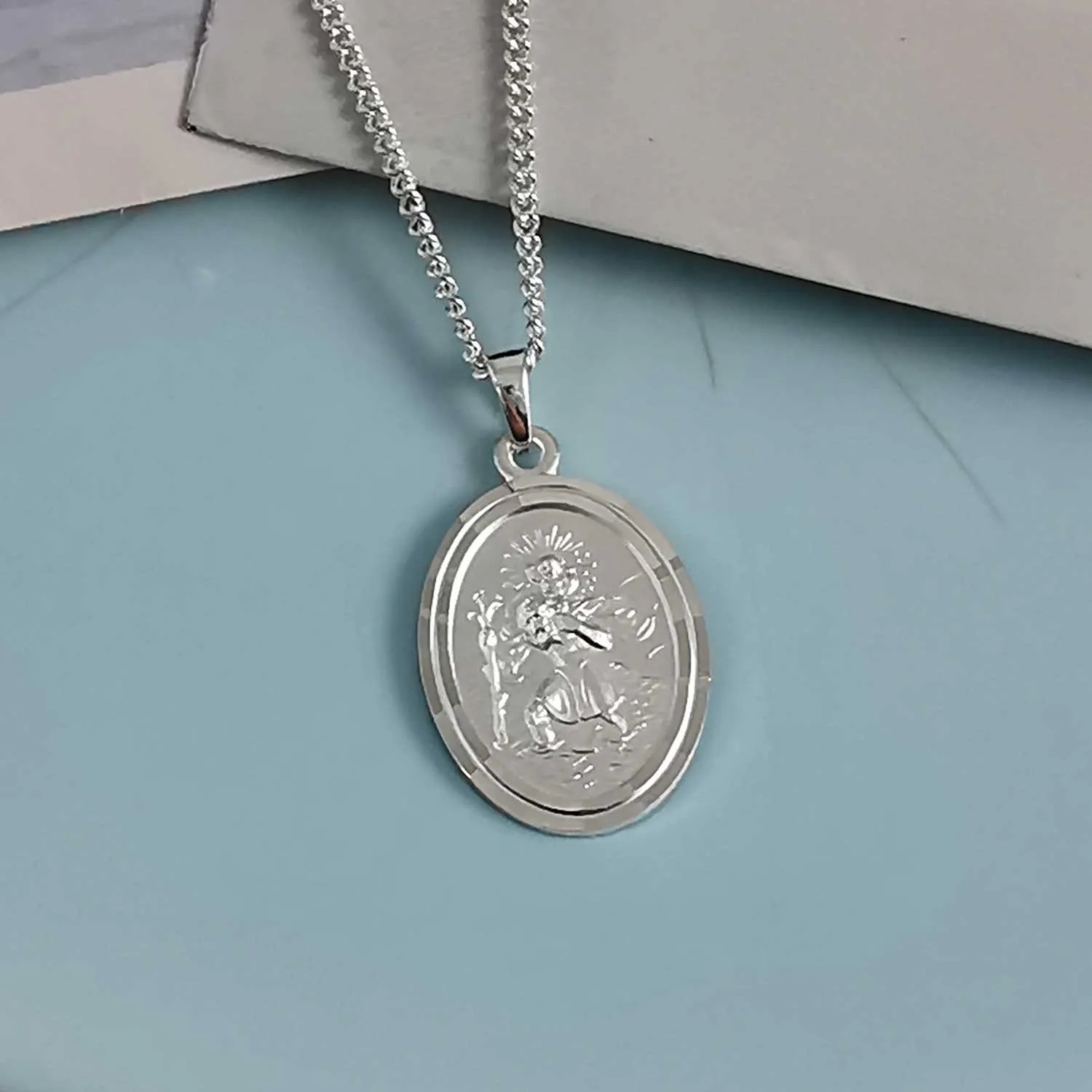 Faceted Oval Saint Christopher Personalised Silver Necklace