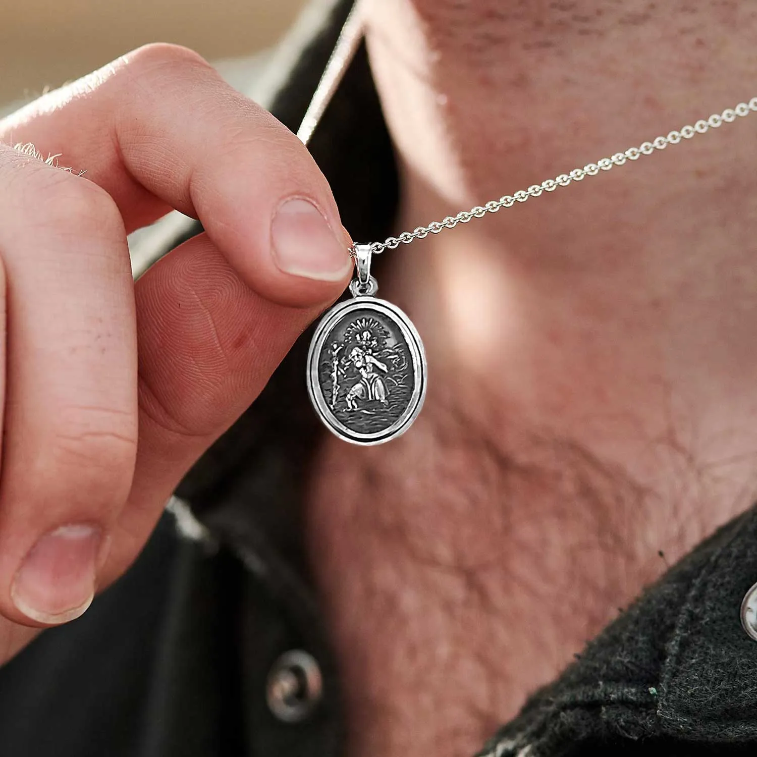 Faceted Oval Saint Christopher Personalised Silver Necklace