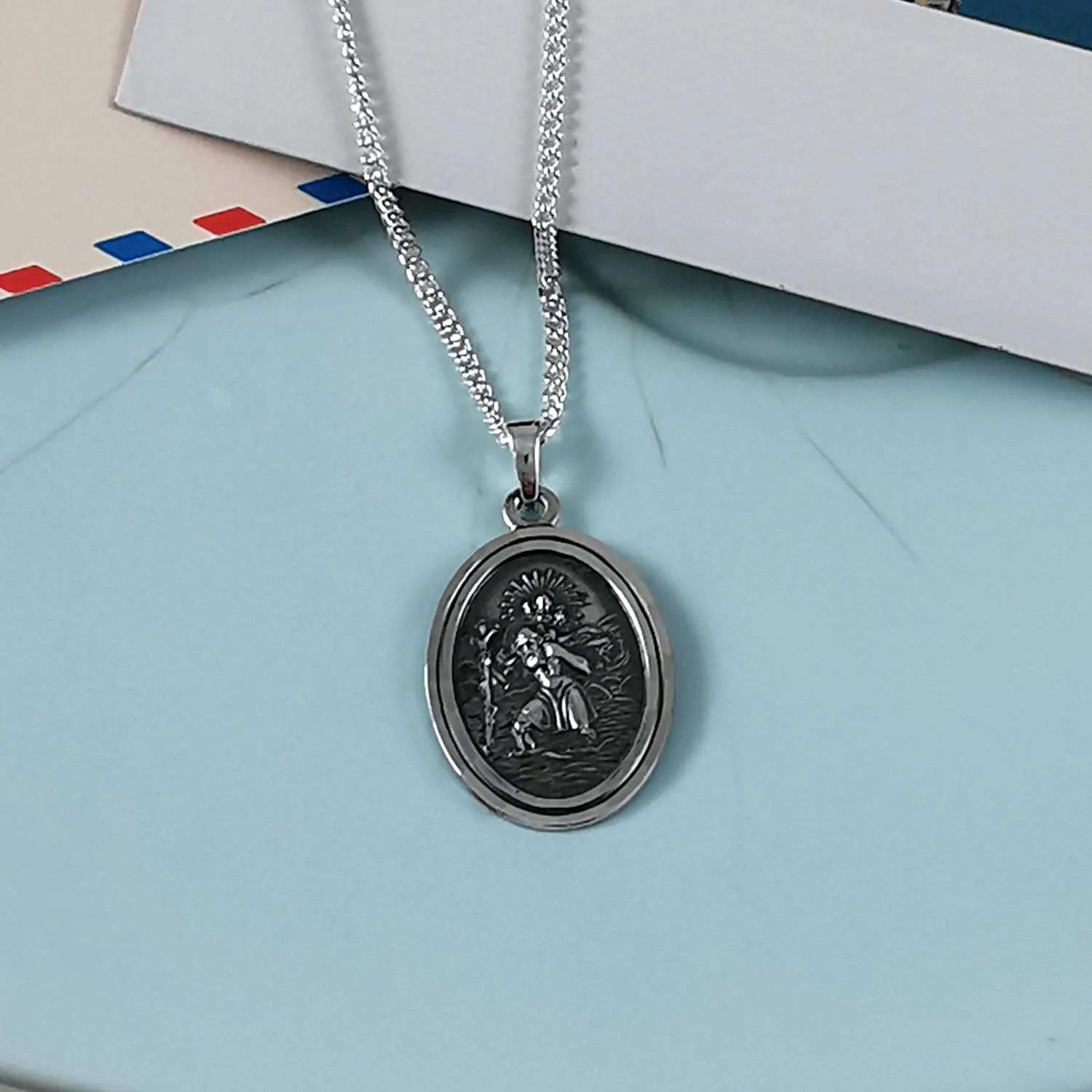 Faceted Oval Saint Christopher Personalised Silver Necklace