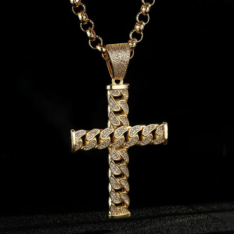 Gold Filled Bonded Curb Cuban Cross Pendant 22 Inch 8mm Belcher Chain