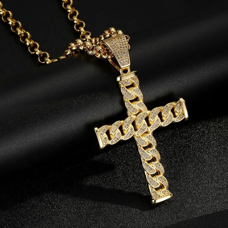 Gold Filled Bonded Curb Cuban Cross Pendant 22 Inch 8mm Belcher Chain