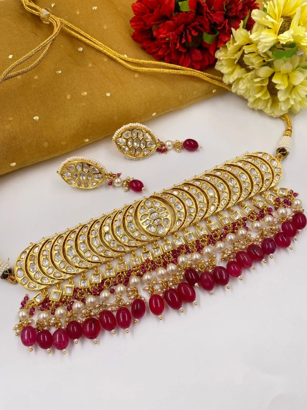 Gold Plated Heavy Quality Polki Kundan Choker Necklace Set For Women By Gehna Shop