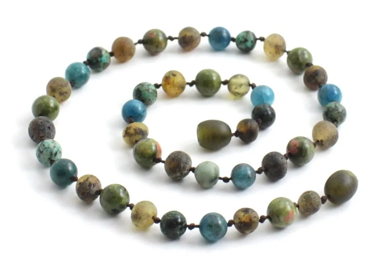 Green Aventurine, Blue Apatite and African Turquoise   Raw Green Baltic Amber Necklace ll Pain ll Arthritis