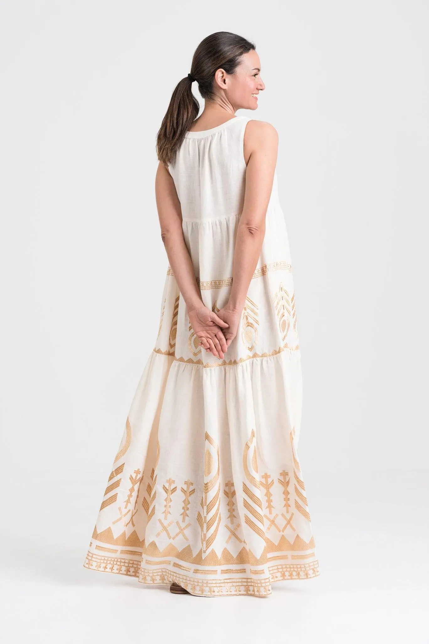 Kori Linen Maxi Sleeveless Dress | Cream & Gold, S