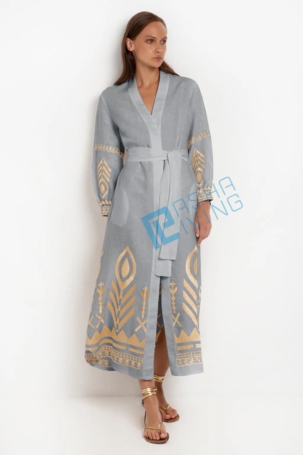 Kori Long Sleeved Belted Linen Dress | Grey & Gold