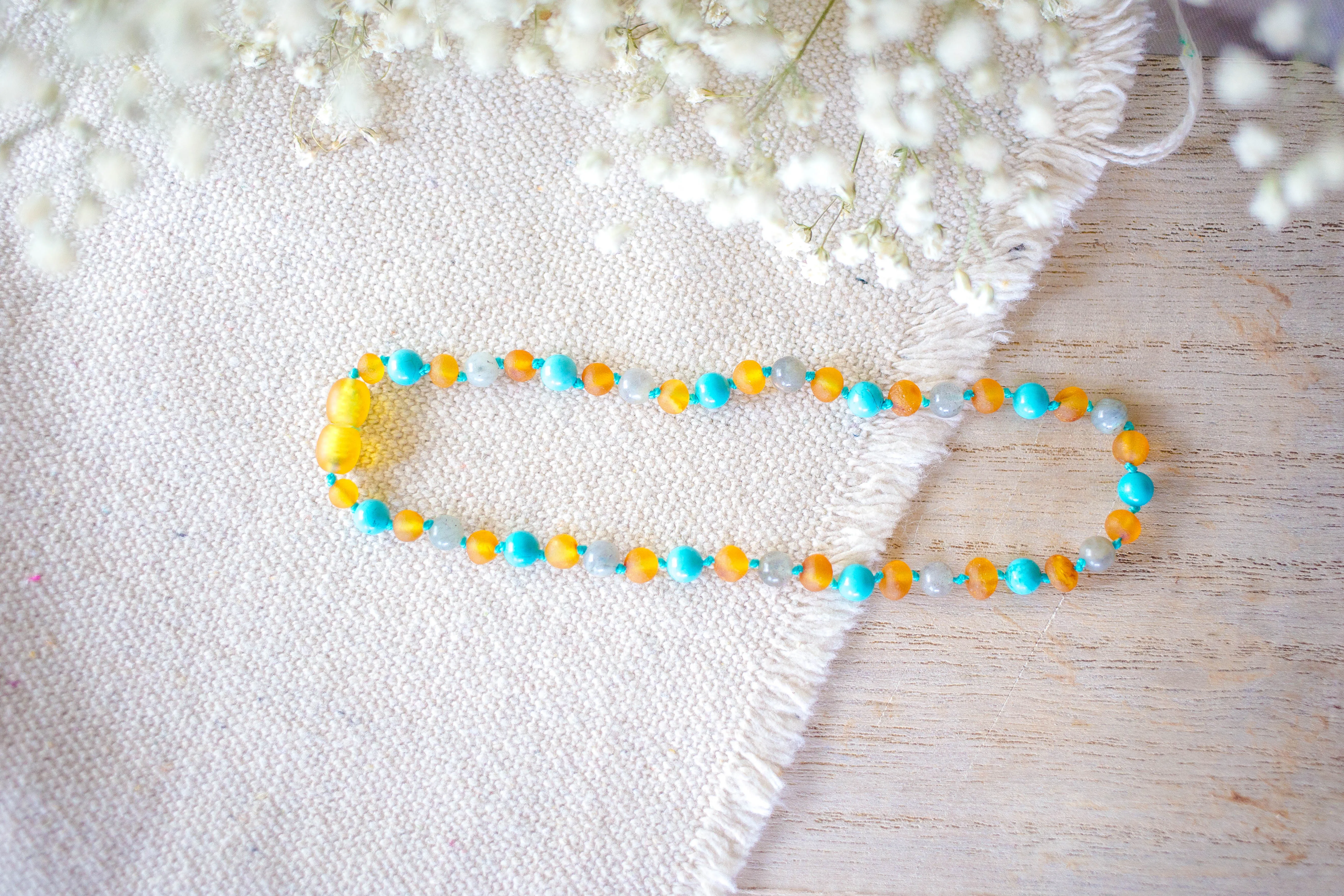 Labradorite, Turquoise   Raw Apricot Baltic Amber Necklace ll Calming ll Pain