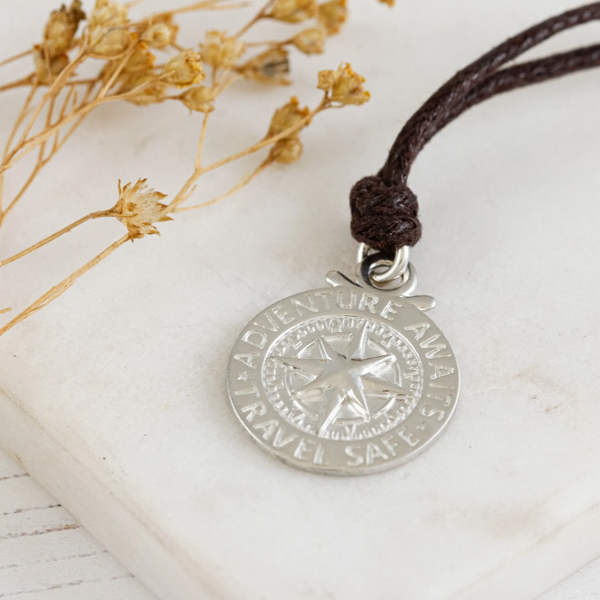 Large Travel Safe Compass Personalised St Christopher Cord Necklace