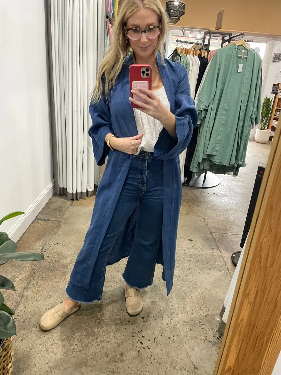 Linen Bathrobe - Navy  (Long)