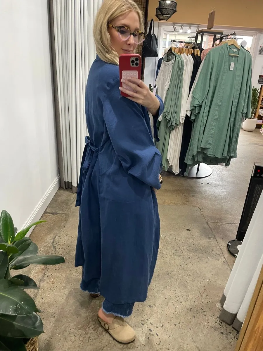 Linen Bathrobe - Navy  (Long)