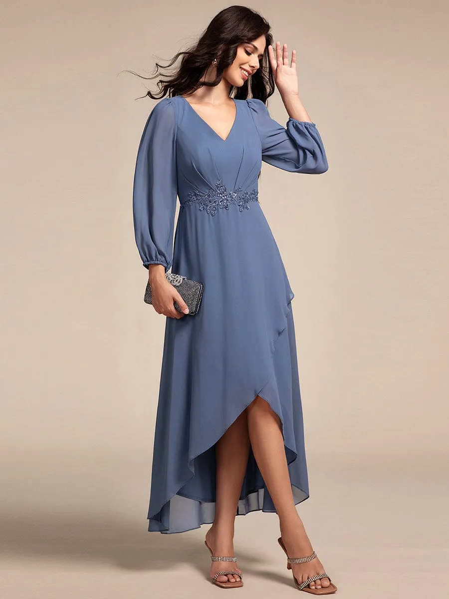 Long Lantern Sleeves Waist Applique Chiffon Formal Evening Dress