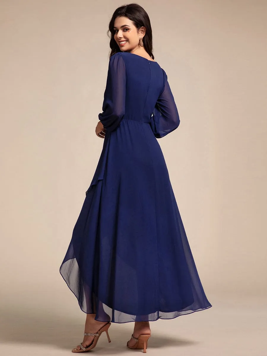 Long Lantern Sleeves Waist Applique Chiffon Formal Evening Dress