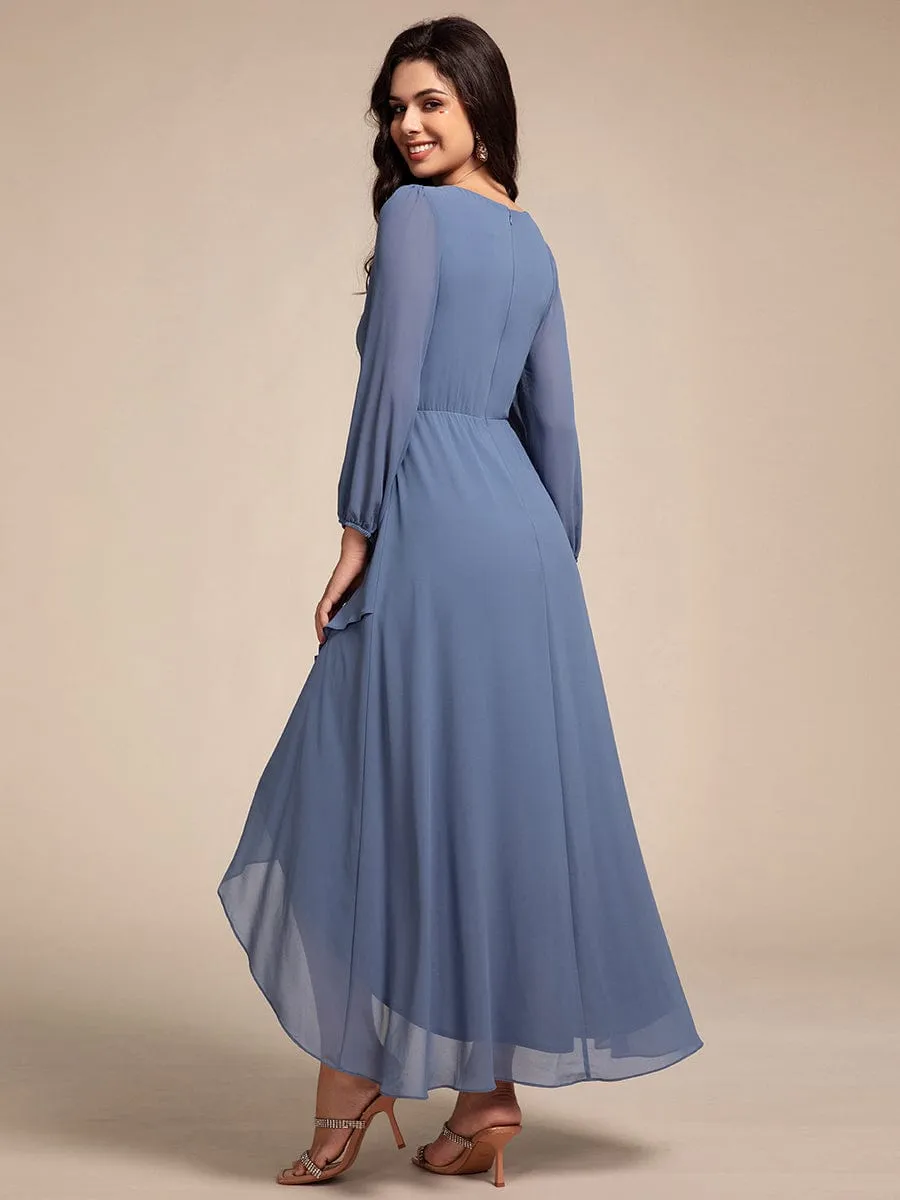 Long Lantern Sleeves Waist Applique Chiffon Formal Evening Dress