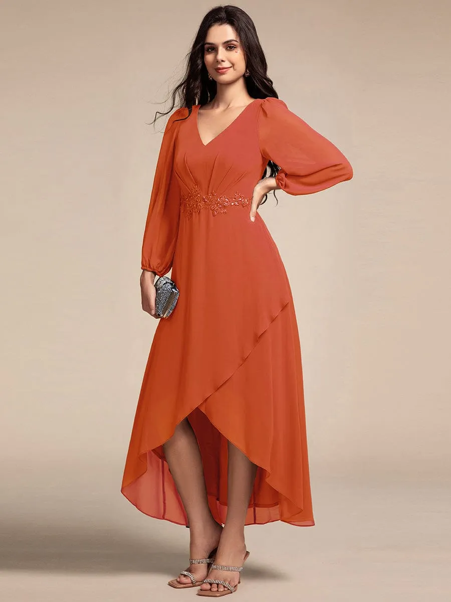 Long Lantern Sleeves Waist Applique Chiffon Formal Evening Dress