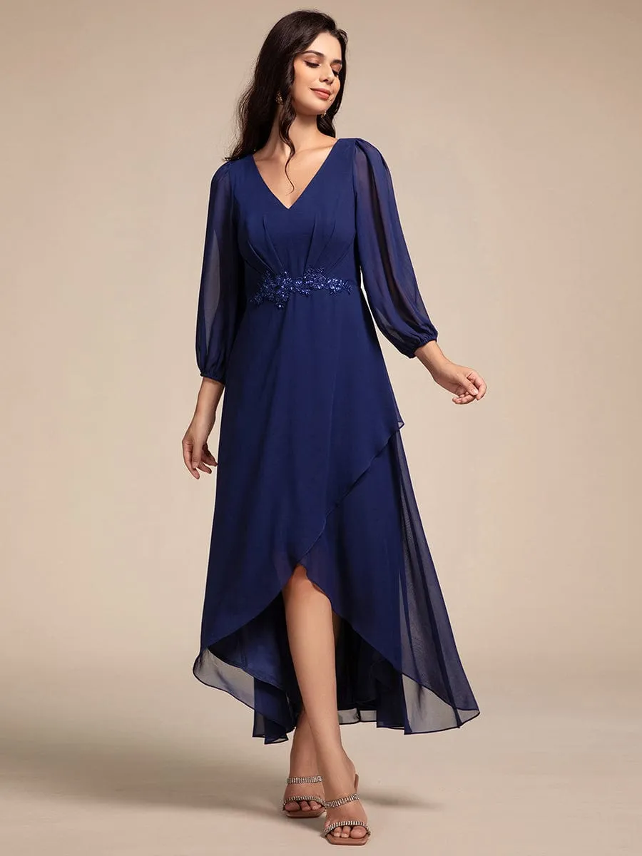 Long Lantern Sleeves Waist Applique Chiffon Formal Evening Dress