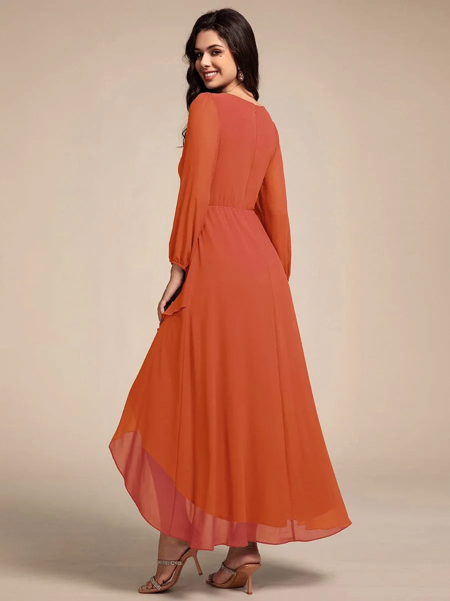 Long Lantern Sleeves Waist Applique Chiffon Formal Evening Dress