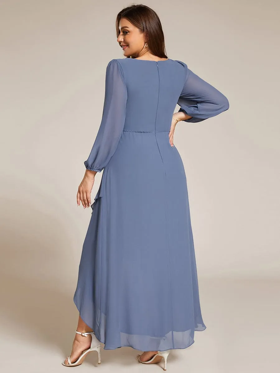 Long Lantern Sleeves Waist Applique Chiffon Formal Evening Dress