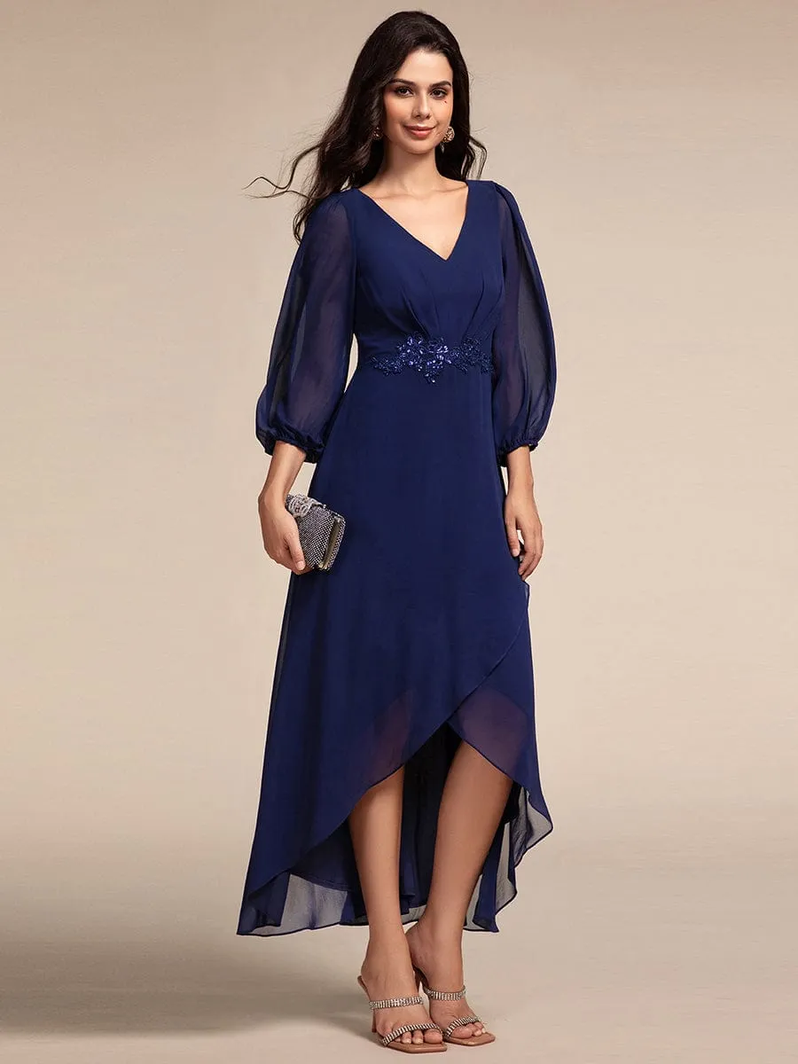 Long Lantern Sleeves Waist Applique Chiffon Formal Evening Dress