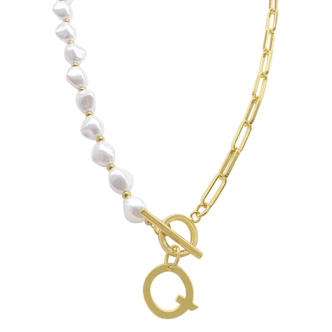 Gold Pearl and Paperclip Chain Initial Toggle Necklace - Personalized Jewelry