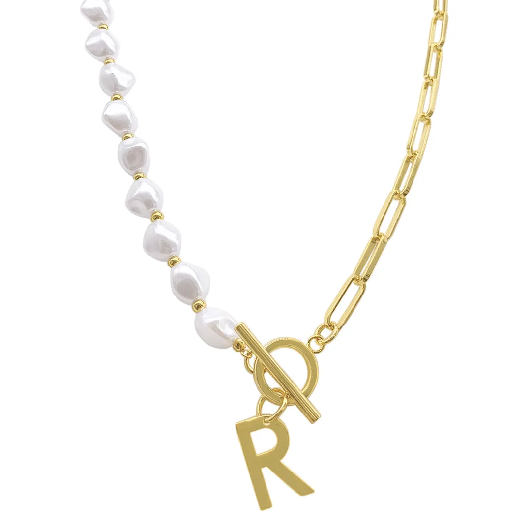 Gold Pearl and Paperclip Chain Initial Toggle Necklace - Personalized Jewelry