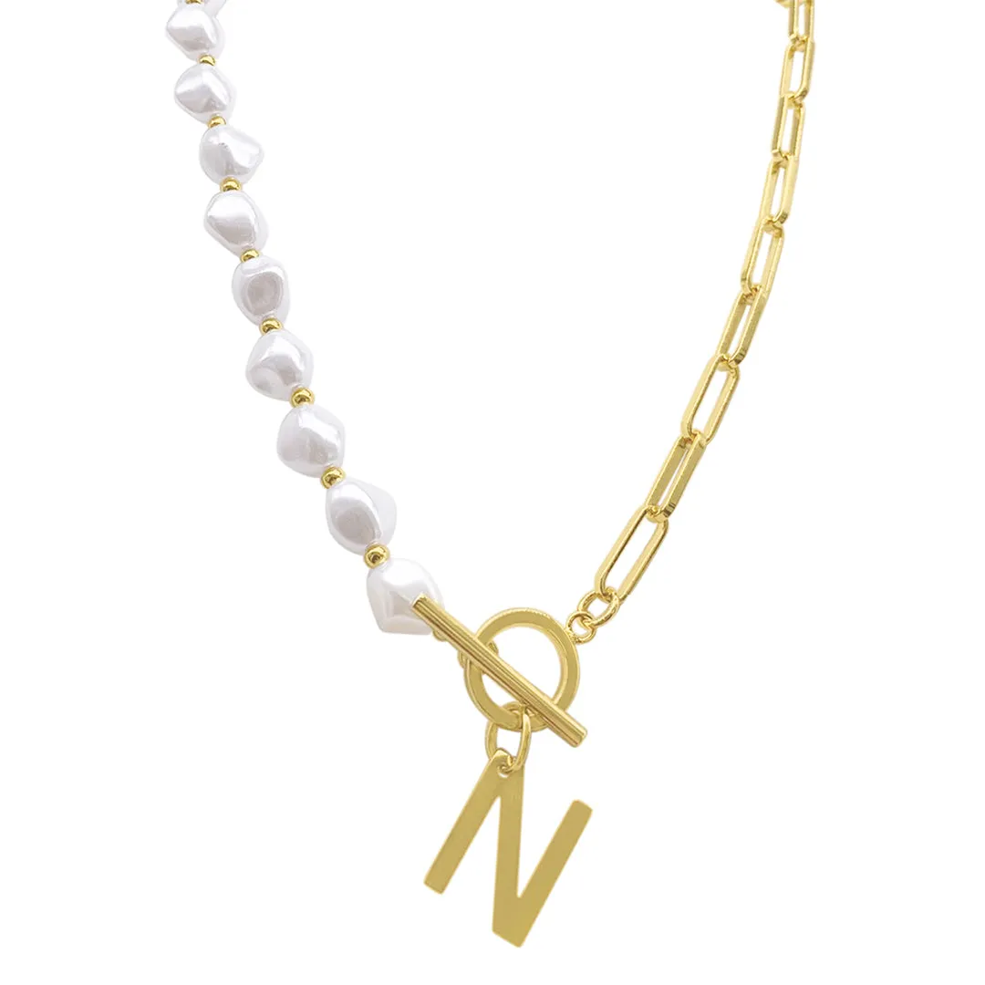 Gold Pearl and Paperclip Chain Initial Toggle Necklace - Personalized Jewelry