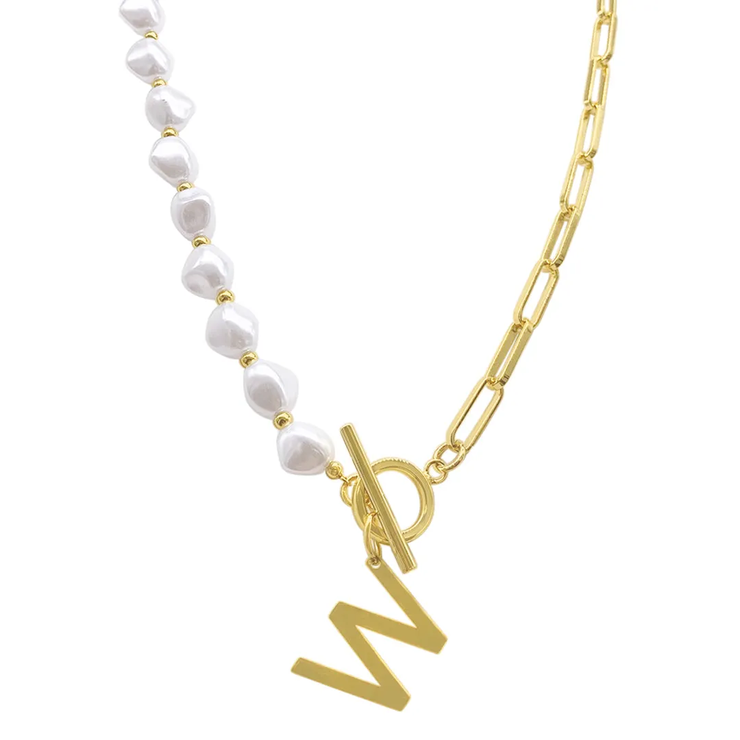 Gold Pearl and Paperclip Chain Initial Toggle Necklace - Personalized Jewelry