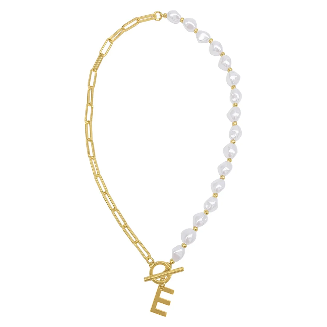 Gold Pearl and Paperclip Chain Initial Toggle Necklace - Personalized Jewelry