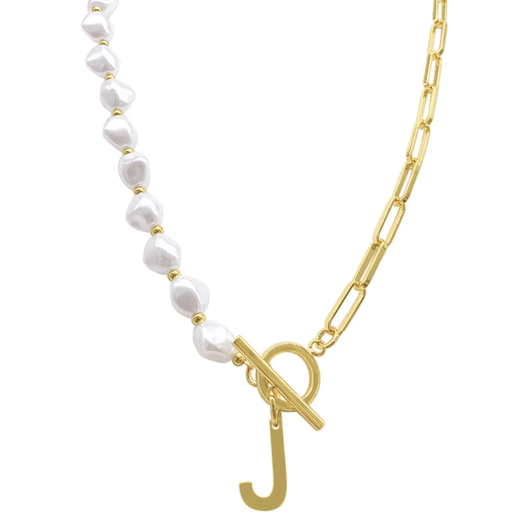 Gold Pearl and Paperclip Chain Initial Toggle Necklace - Personalized Jewelry