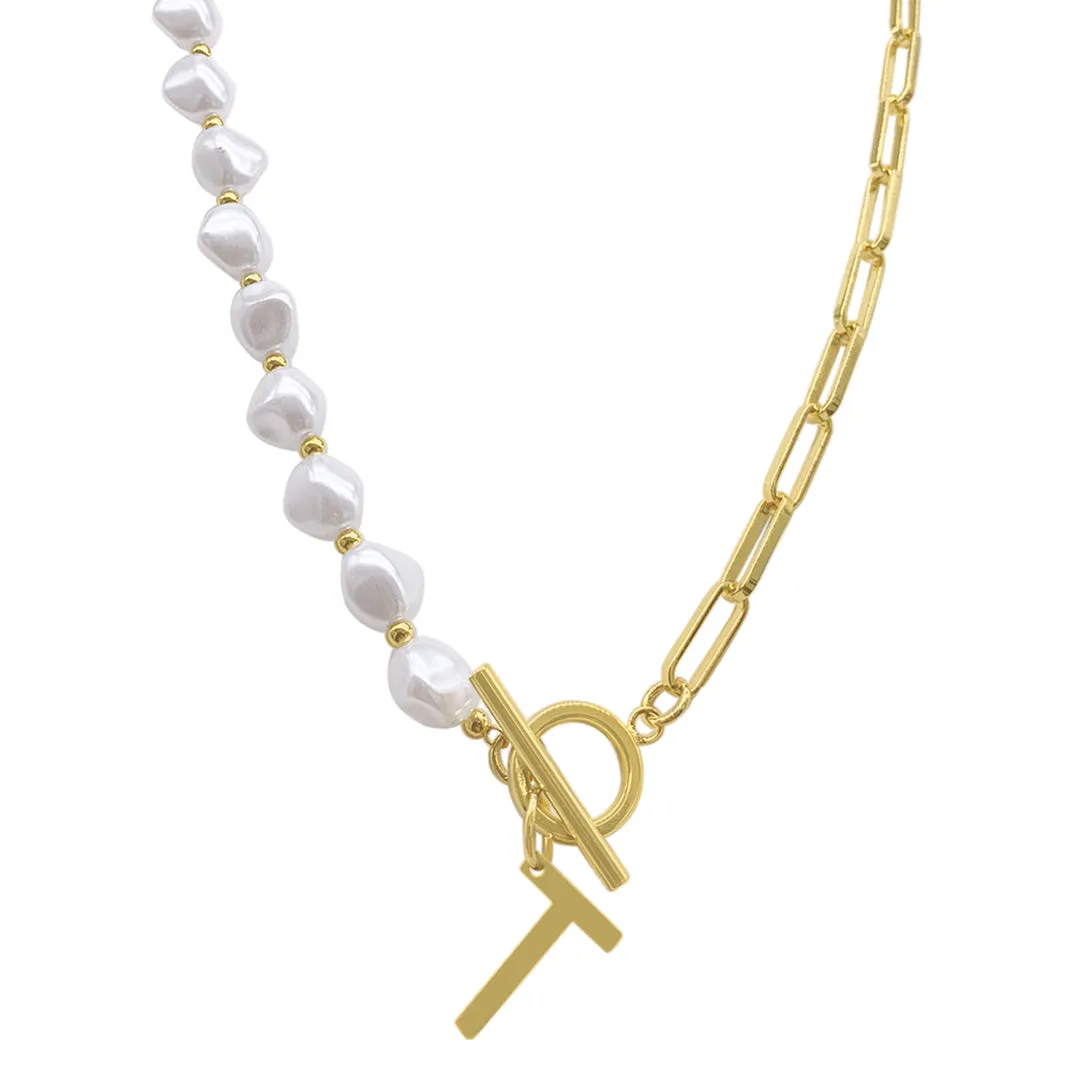 Gold Pearl and Paperclip Chain Initial Toggle Necklace - Personalized Jewelry