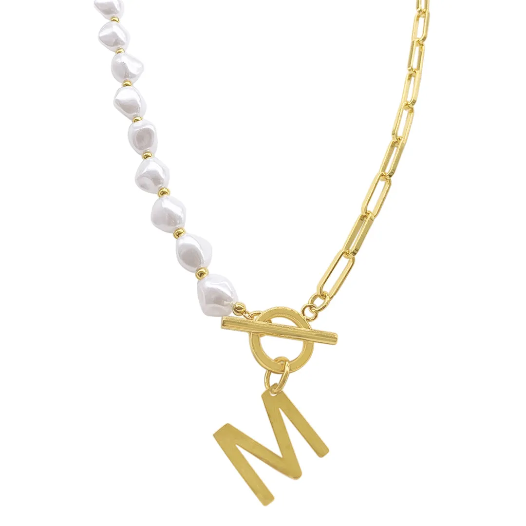 Gold Pearl and Paperclip Chain Initial Toggle Necklace - Personalized Jewelry