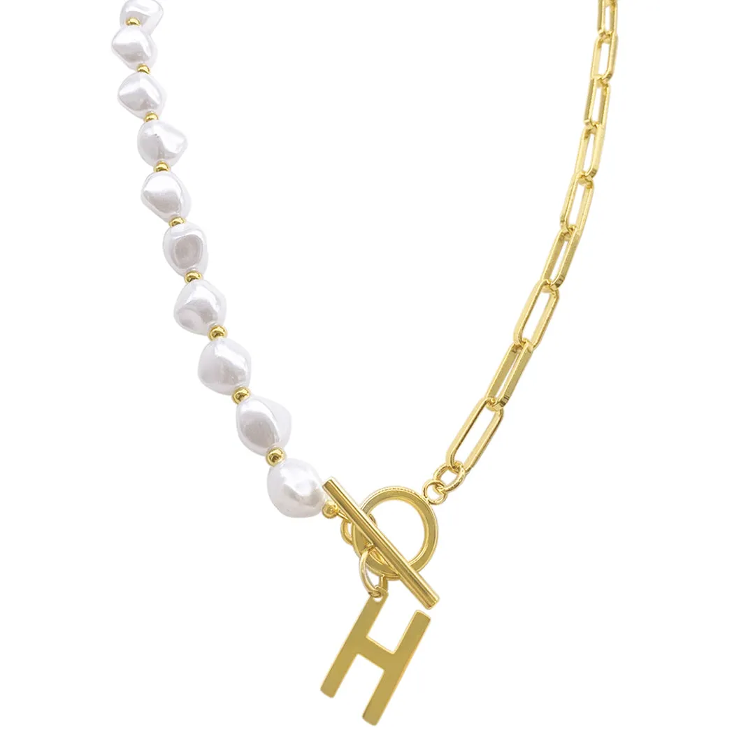 Gold Pearl and Paperclip Chain Initial Toggle Necklace - Personalized Jewelry