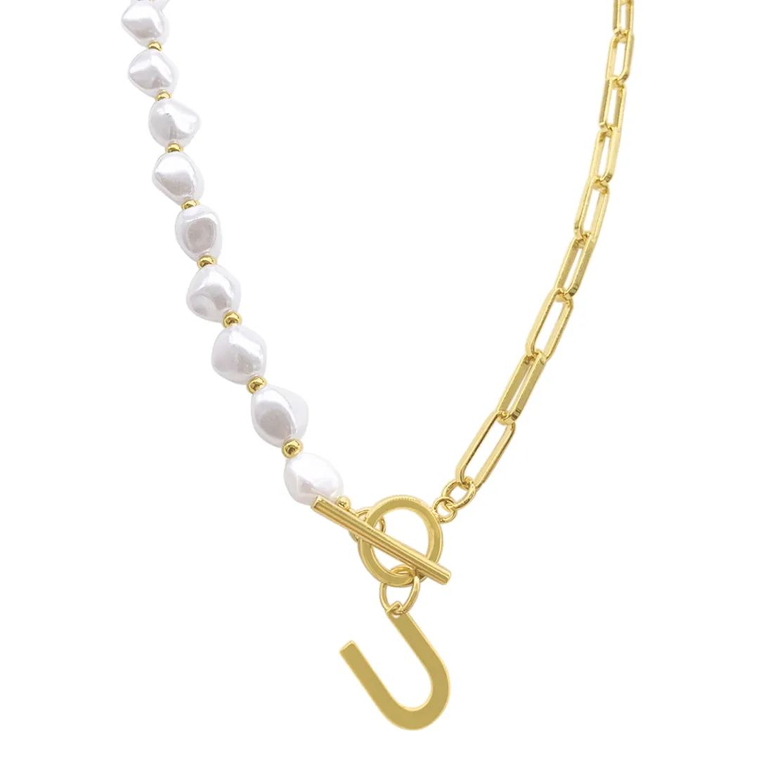 Gold Pearl and Paperclip Chain Initial Toggle Necklace - Personalized Jewelry