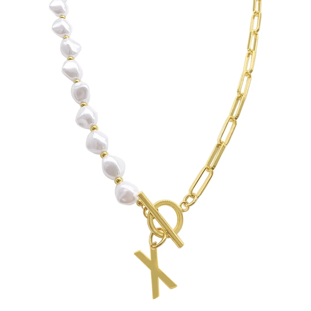 Gold Pearl and Paperclip Chain Initial Toggle Necklace - Personalized Jewelry