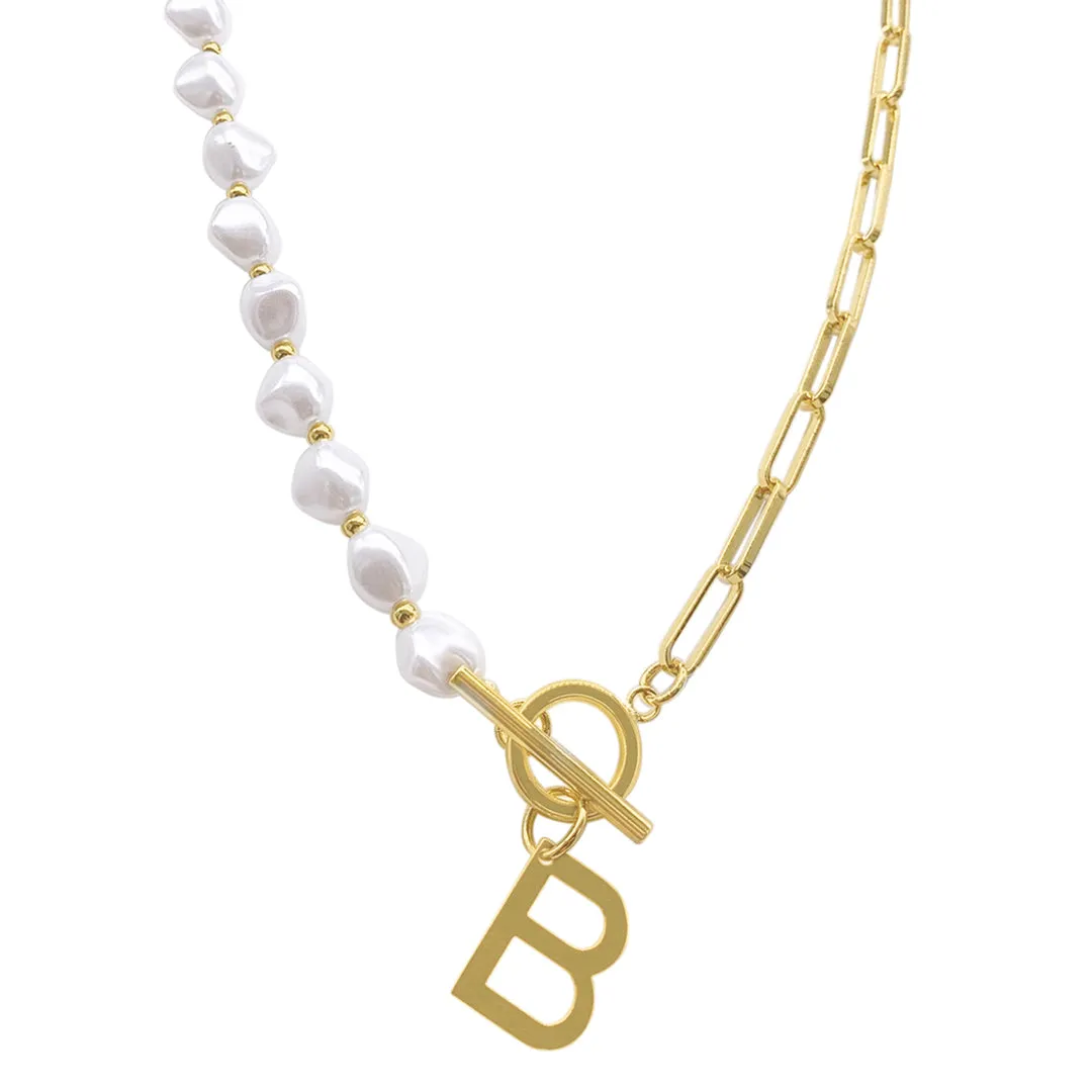 Gold Pearl and Paperclip Chain Initial Toggle Necklace - Personalized Jewelry