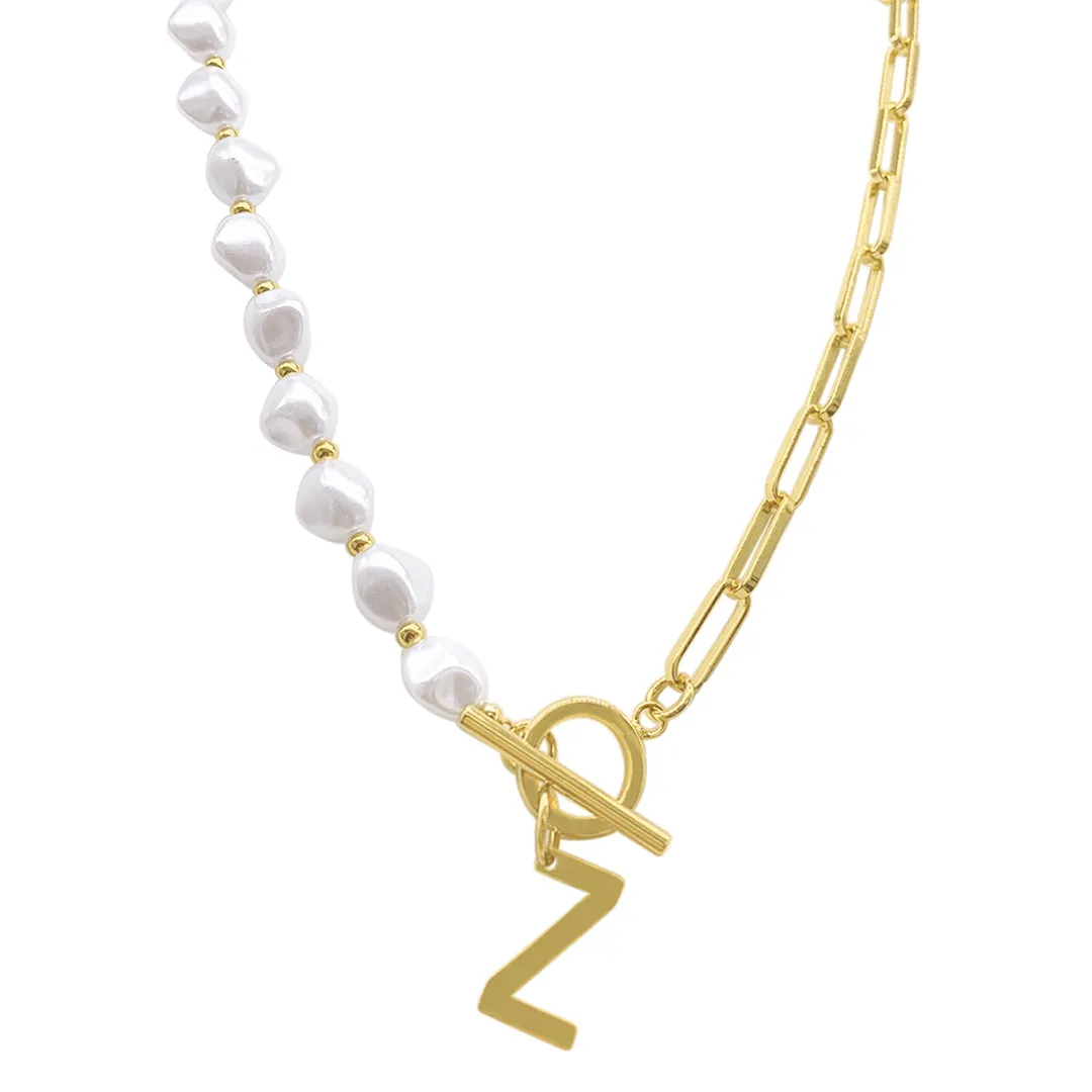 Gold Pearl and Paperclip Chain Initial Toggle Necklace - Personalized Jewelry