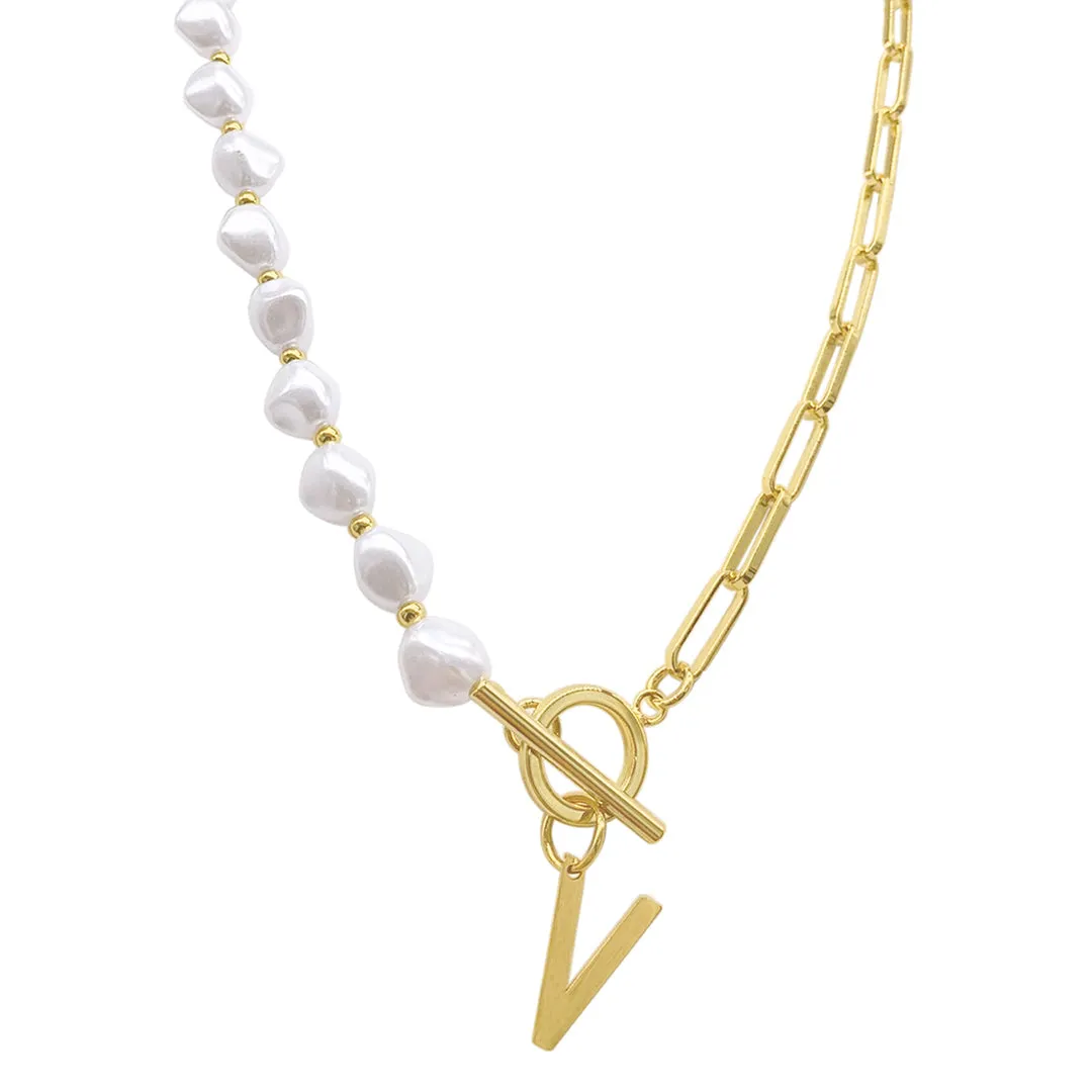 Gold Pearl and Paperclip Chain Initial Toggle Necklace - Personalized Jewelry