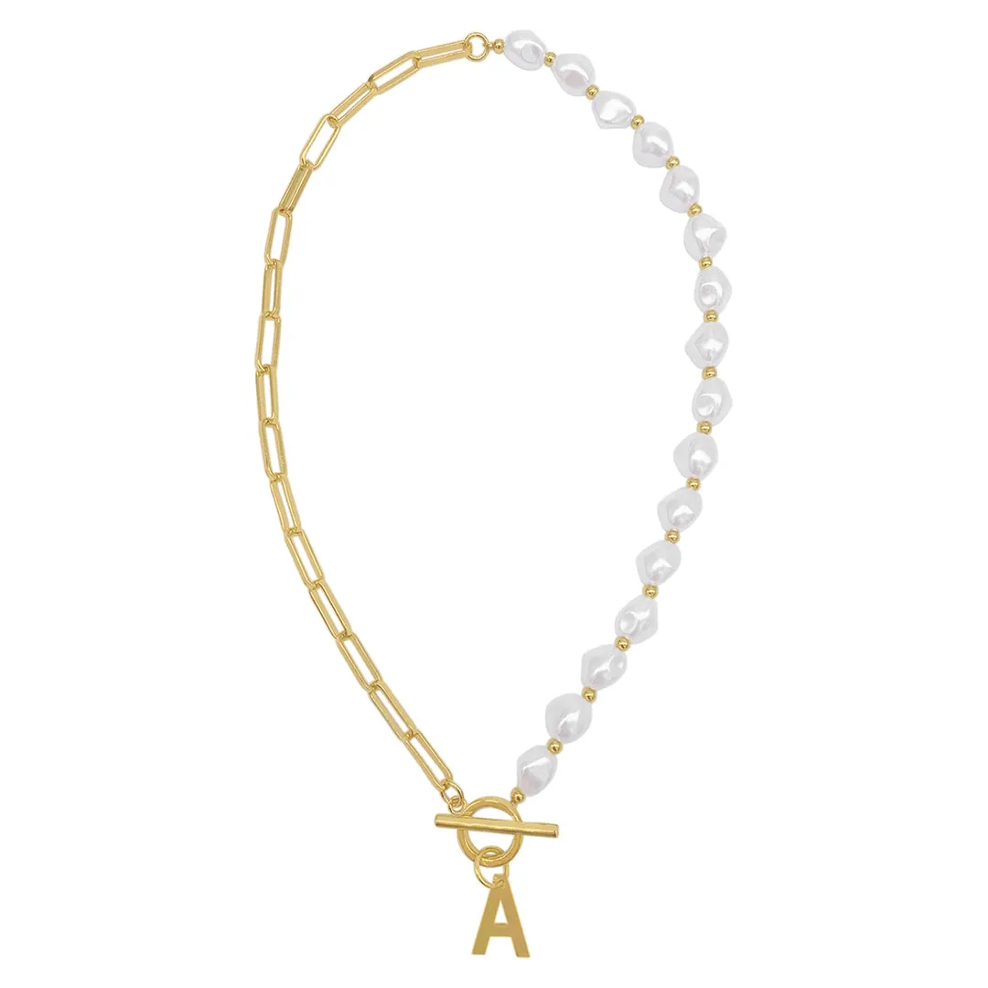 Gold Pearl and Paperclip Chain Initial Toggle Necklace - Personalized Jewelry