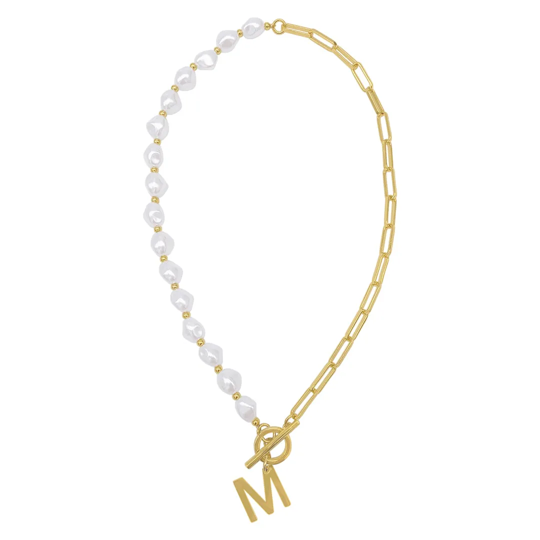 Gold Pearl and Paperclip Chain Initial Toggle Necklace - Personalized Jewelry