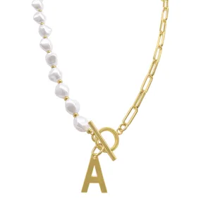 Gold Pearl and Paperclip Chain Initial Toggle Necklace - Personalized Jewelry