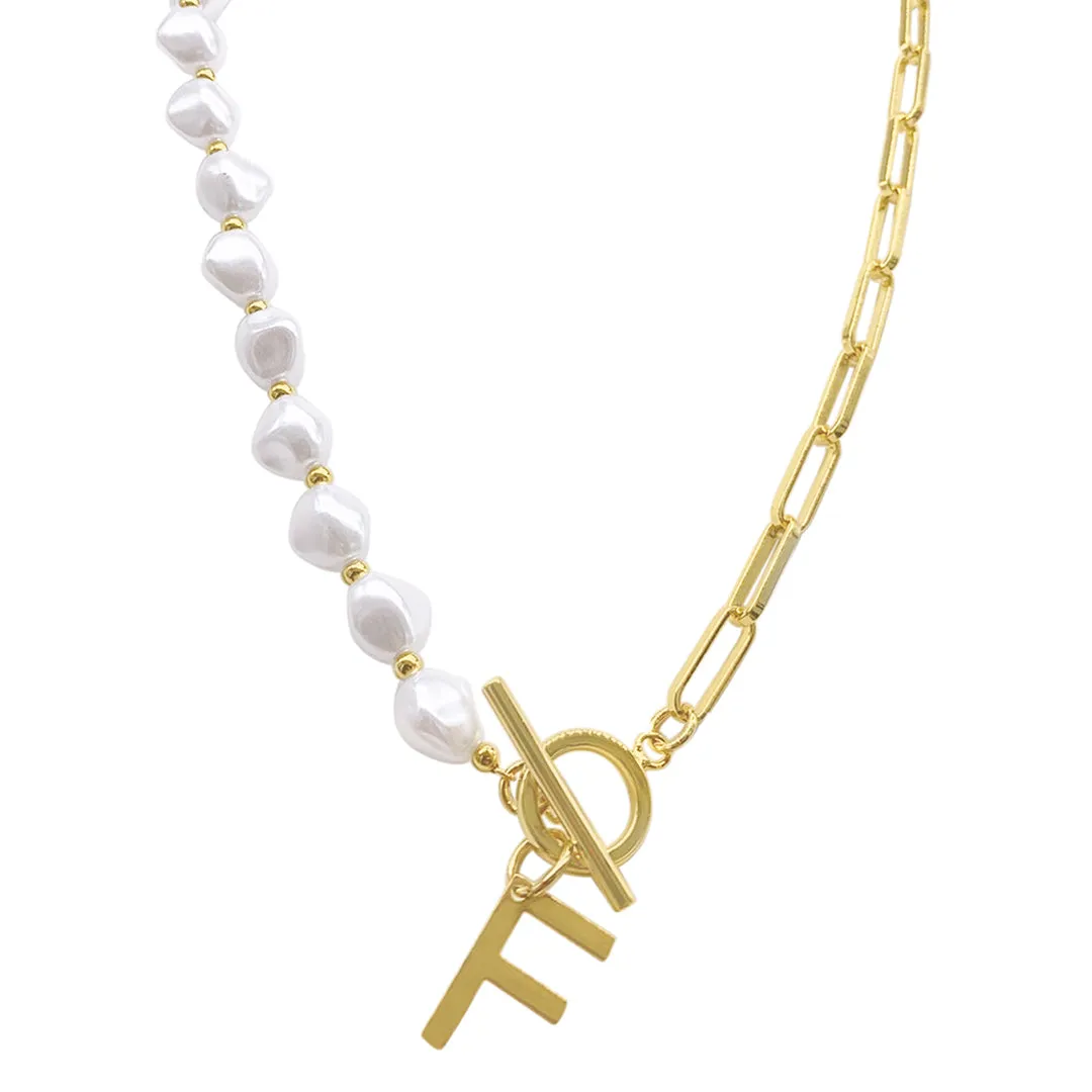 Gold Pearl and Paperclip Chain Initial Toggle Necklace - Personalized Jewelry