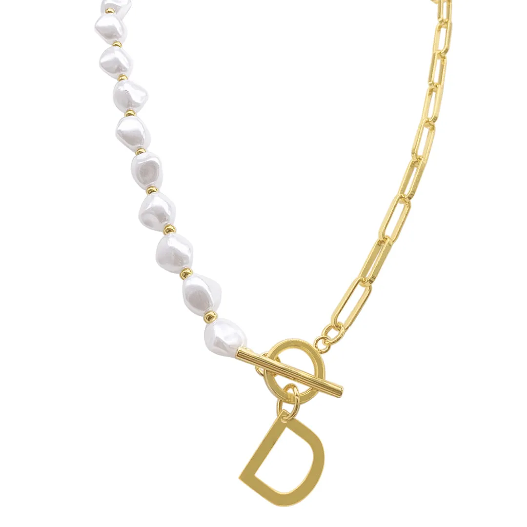 Gold Pearl and Paperclip Chain Initial Toggle Necklace - Personalized Jewelry