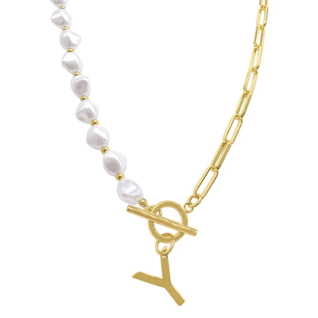 Gold Pearl and Paperclip Chain Initial Toggle Necklace - Personalized Jewelry