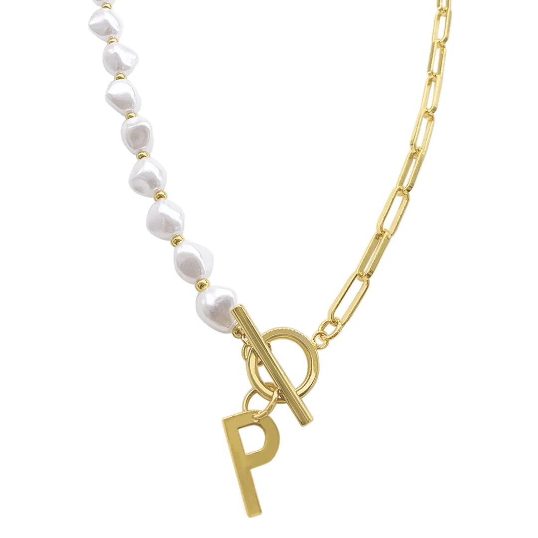 Gold Pearl and Paperclip Chain Initial Toggle Necklace - Personalized Jewelry