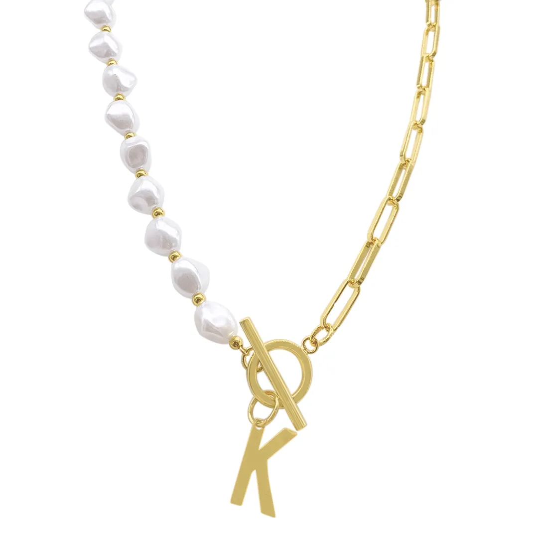 Gold Pearl and Paperclip Chain Initial Toggle Necklace - Personalized Jewelry