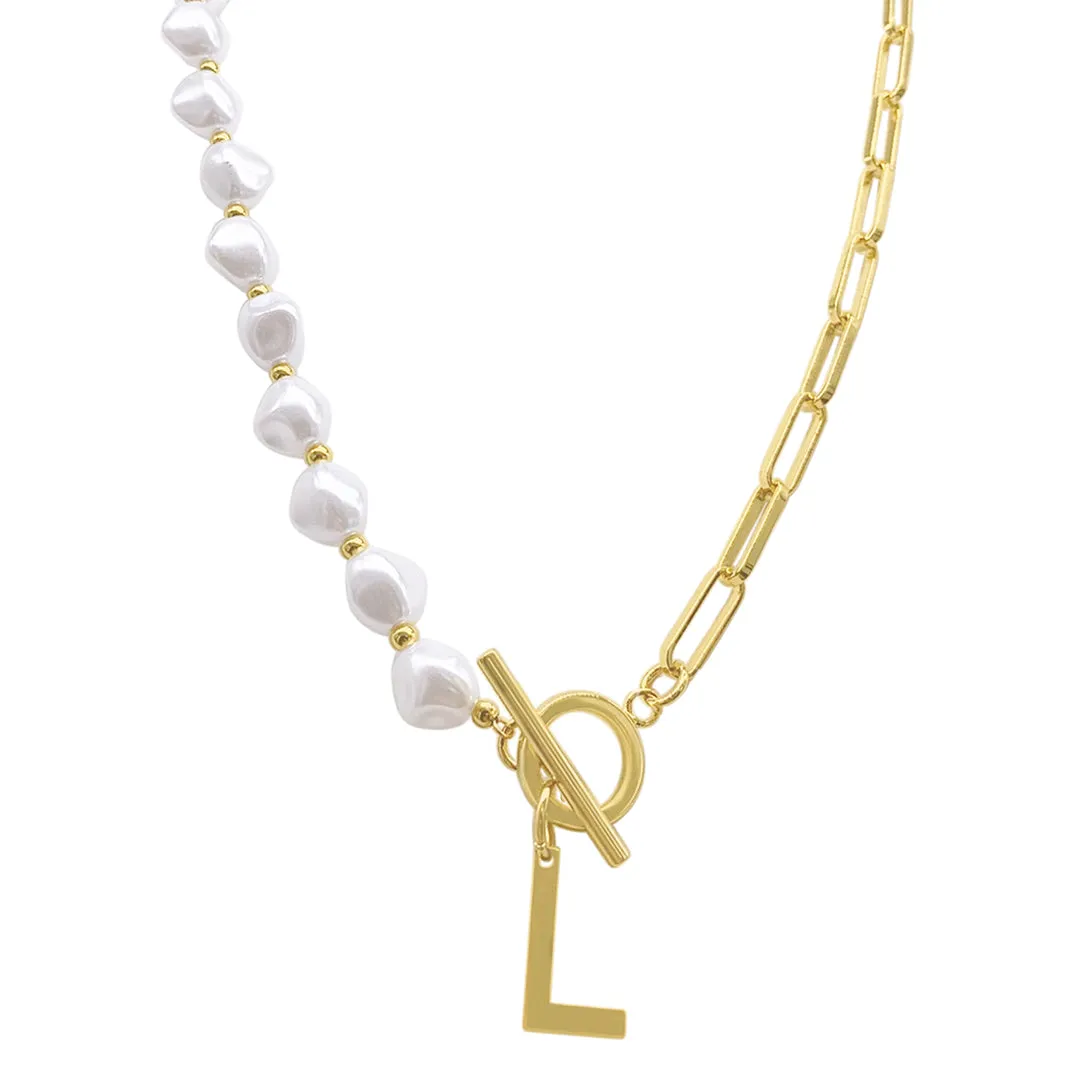 Gold Pearl and Paperclip Chain Initial Toggle Necklace - Personalized Jewelry